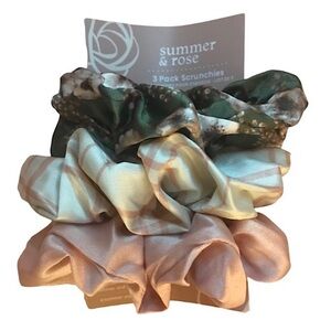 summer & rose Scrunchies - Set of 3 in Pink, Beige/Pink Plaid and Green Floral